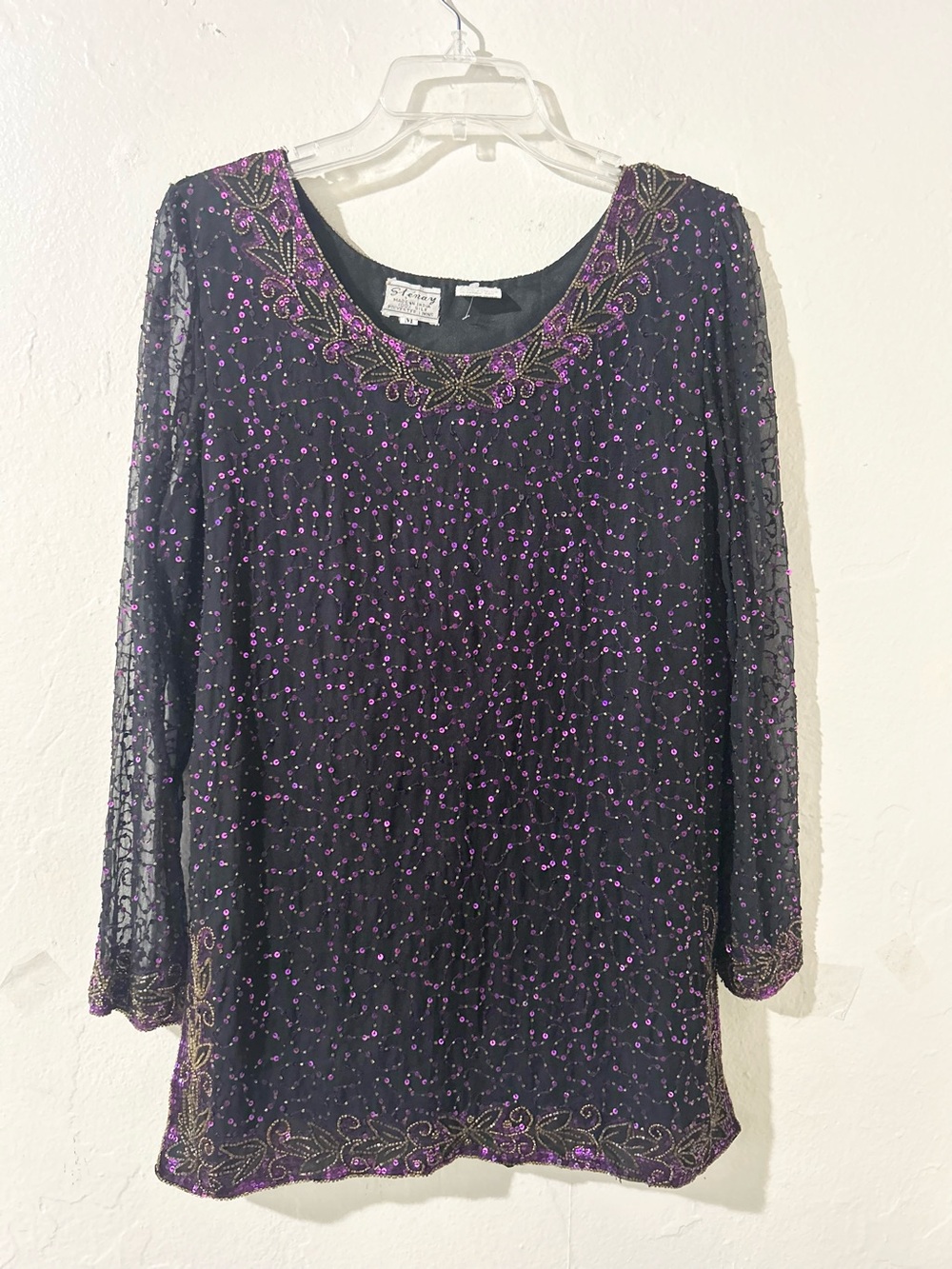 Vintage Indian Silk Beaded Tunic Semi Sheer Sleeves Medium